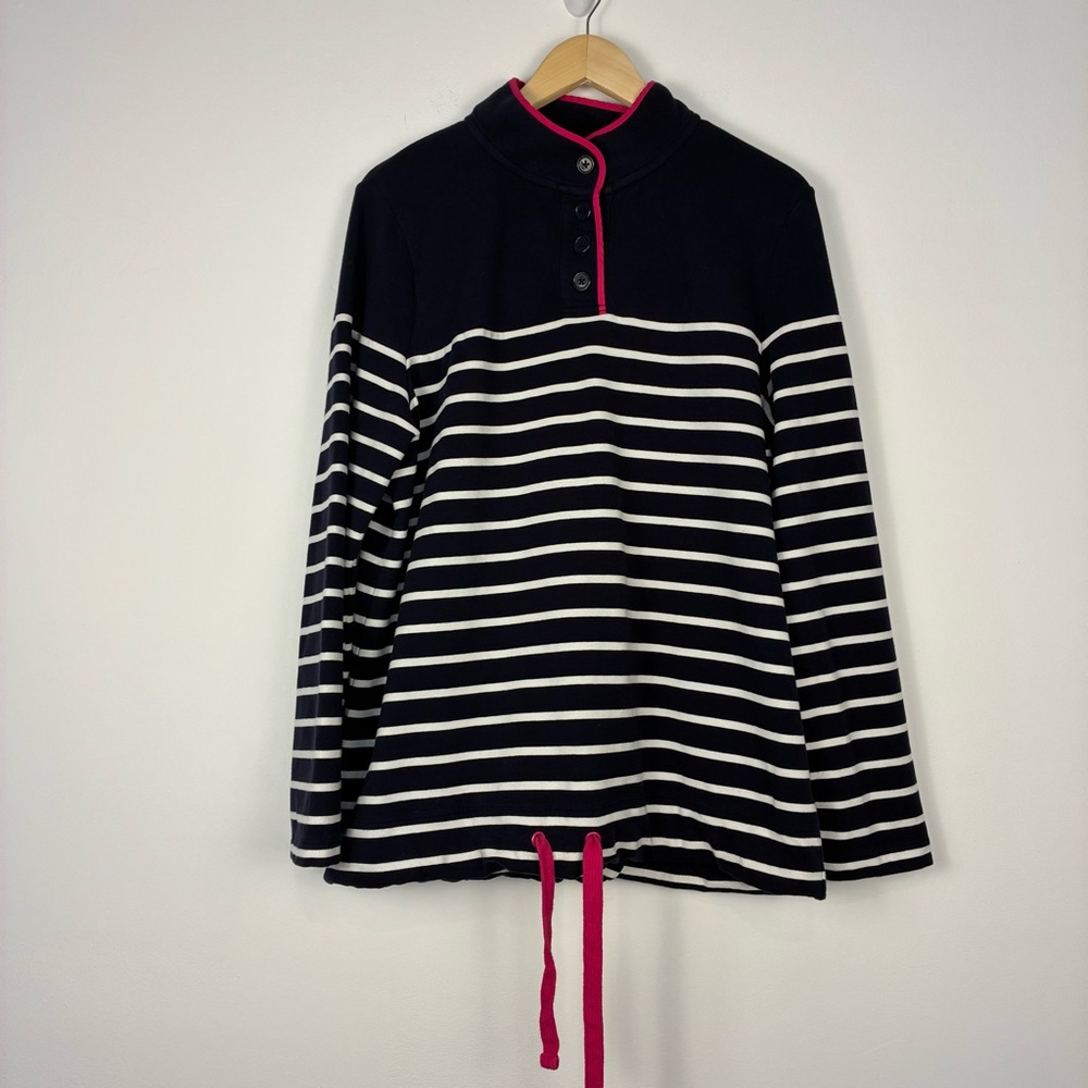 Navy and White Breton Striped Long Sleeve Top with Pink Accents Talbots size L